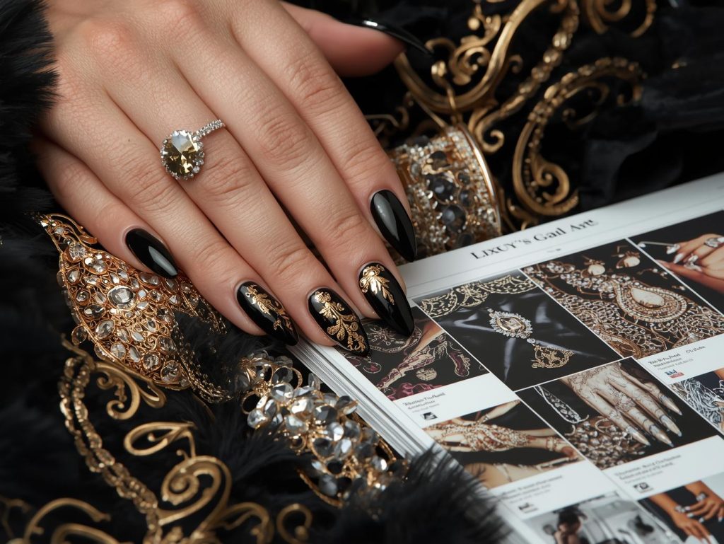 Rich black gold foil baroque nail design with black base on a Pinterest board.
