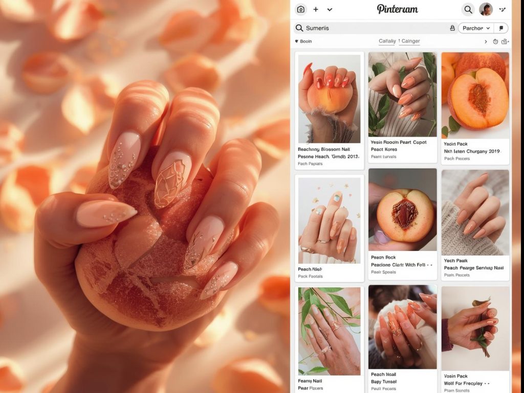 Soft peach gold foil peach blossom nail design with peach base on a Pinterest board.