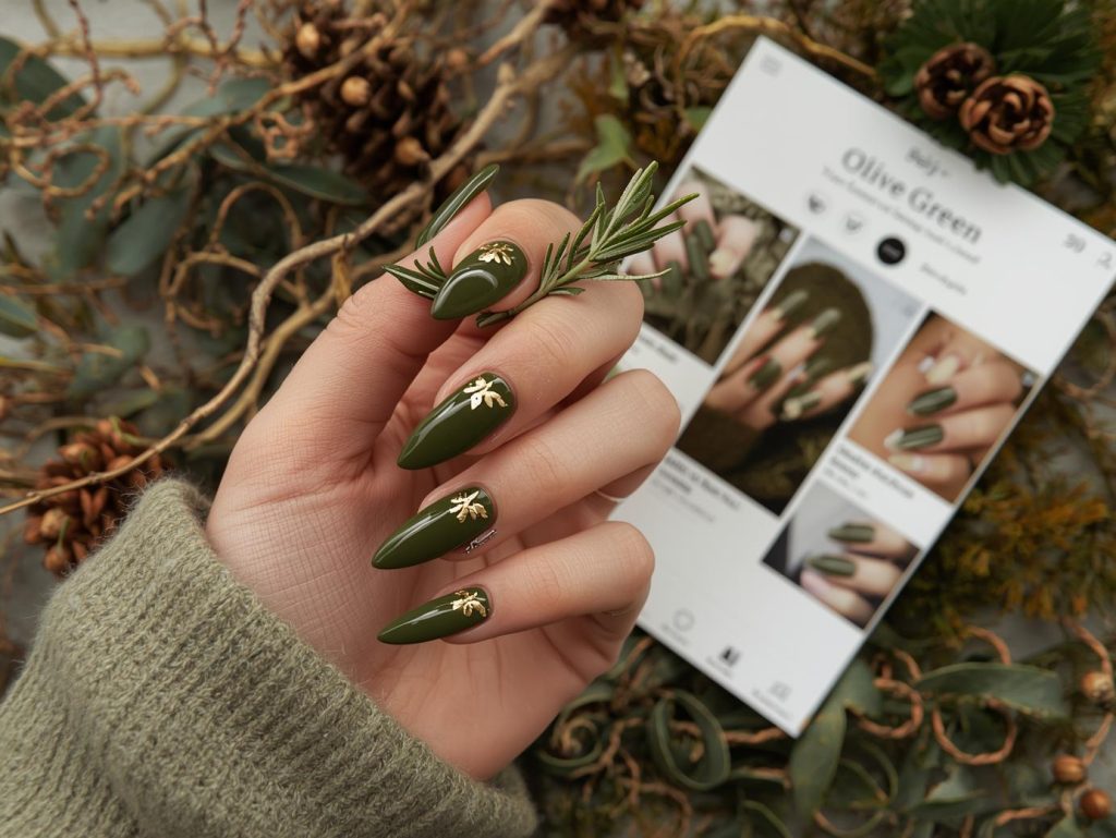 Olive Green Nail Designs: Earthy and Pinterest-Worthy Manicures to Adore 3 Deep olive green gold foil leaf nail design with olive green base on a Pinterest board.
