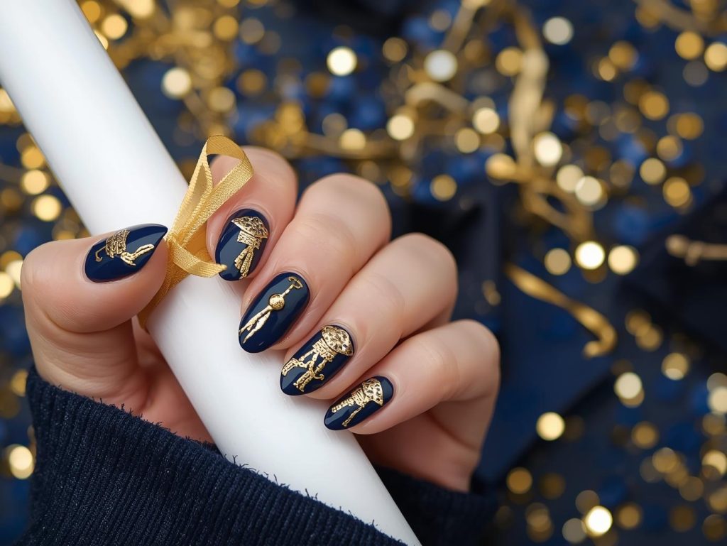 Classic navy gold foil cap and gown nail design with navy base on a Pinterest board.