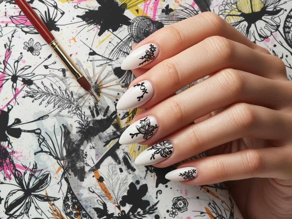 Glossy white black floral hand painted nail design with white base on a Pinterest board.