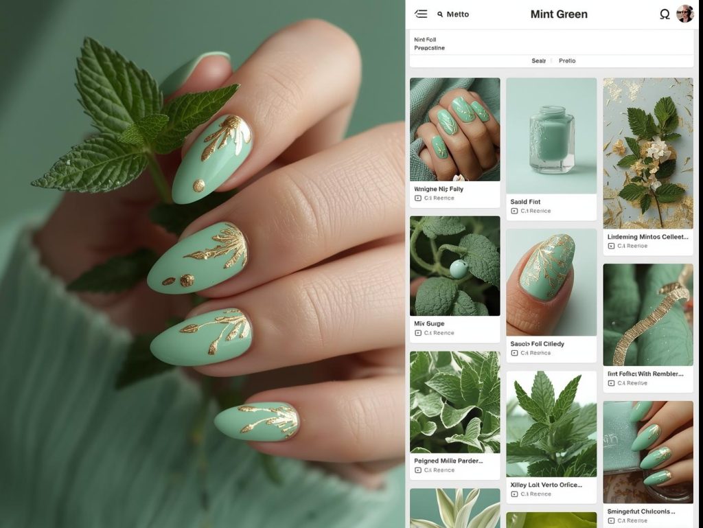 Vibrant mint green gold foil leaf nail design with mint green base on a Pinterest board.