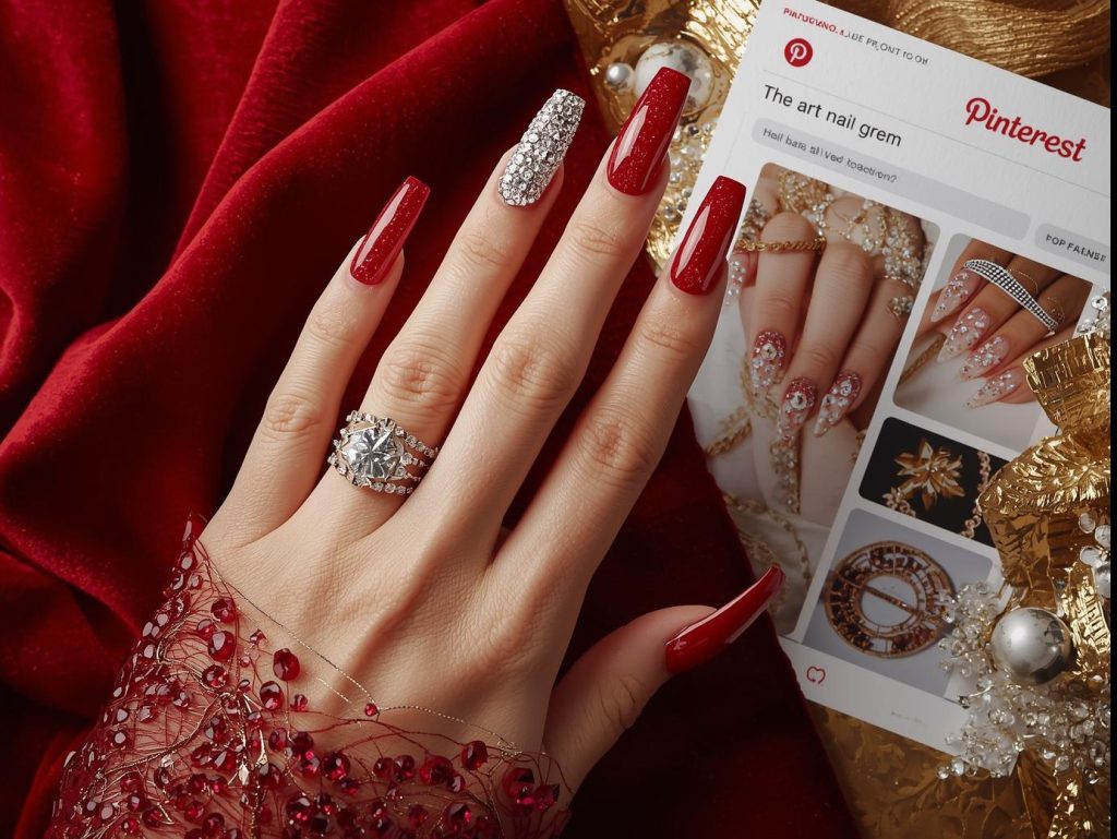 Clear rhinestone nail art design with glossy red base on a Pinterest board
