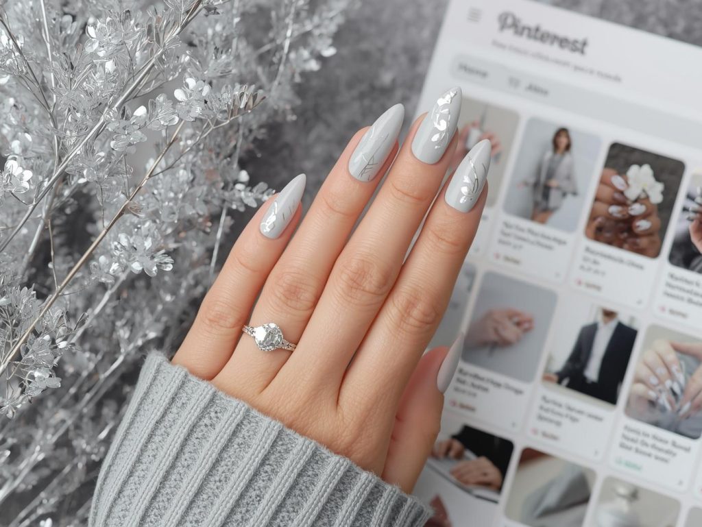 Soft grey silver foil abstract nail design with grey base on a Pinterest board.