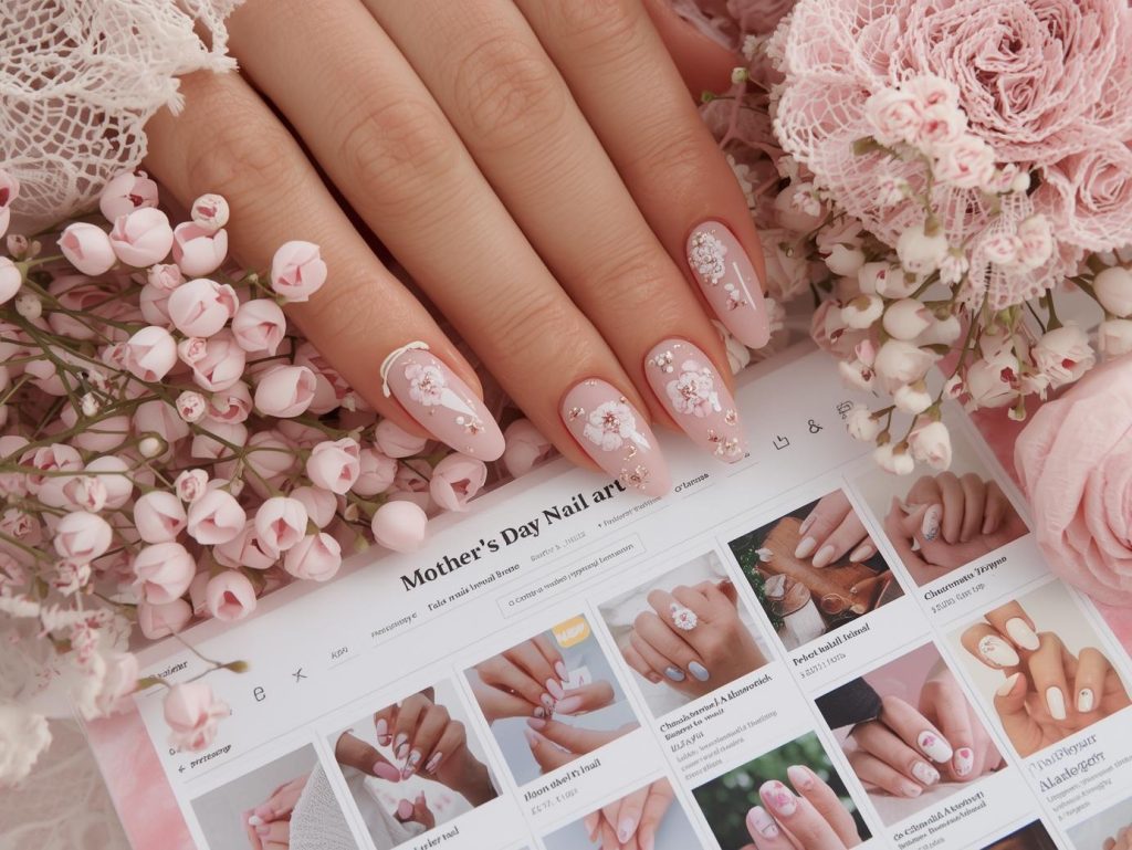 Mother's Day Nail Designs: Heartfelt and Pinterest-Worthy Manicures to Adore 3 Soft pink white floral heart nail design with pink base on a Pinterest board.