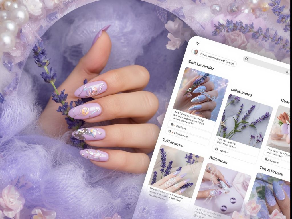 Lavender Nail Designs: Dreamy and Pinterest-Worthy Manicures to Adore 3 Soft lavender pearl swirl nail design with iridescent swirls on a Pinterest board.