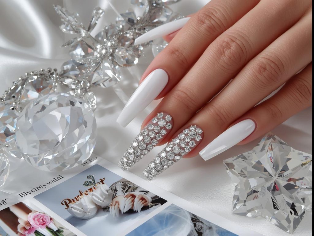 Sparkling clear crystal cluster nail design with glossy white base on a Pinterest board