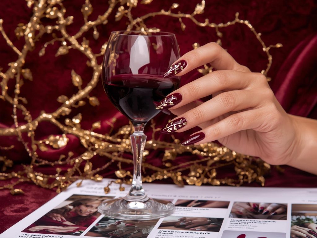  Deep wine red gold foil grapevine nail design with wine red base on a Pinterest board.
