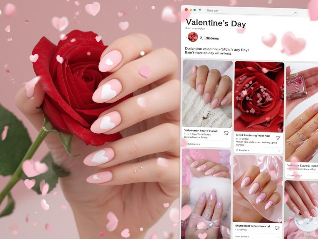 Soft pink white heart nail design with pink base on a Pinterest board.
