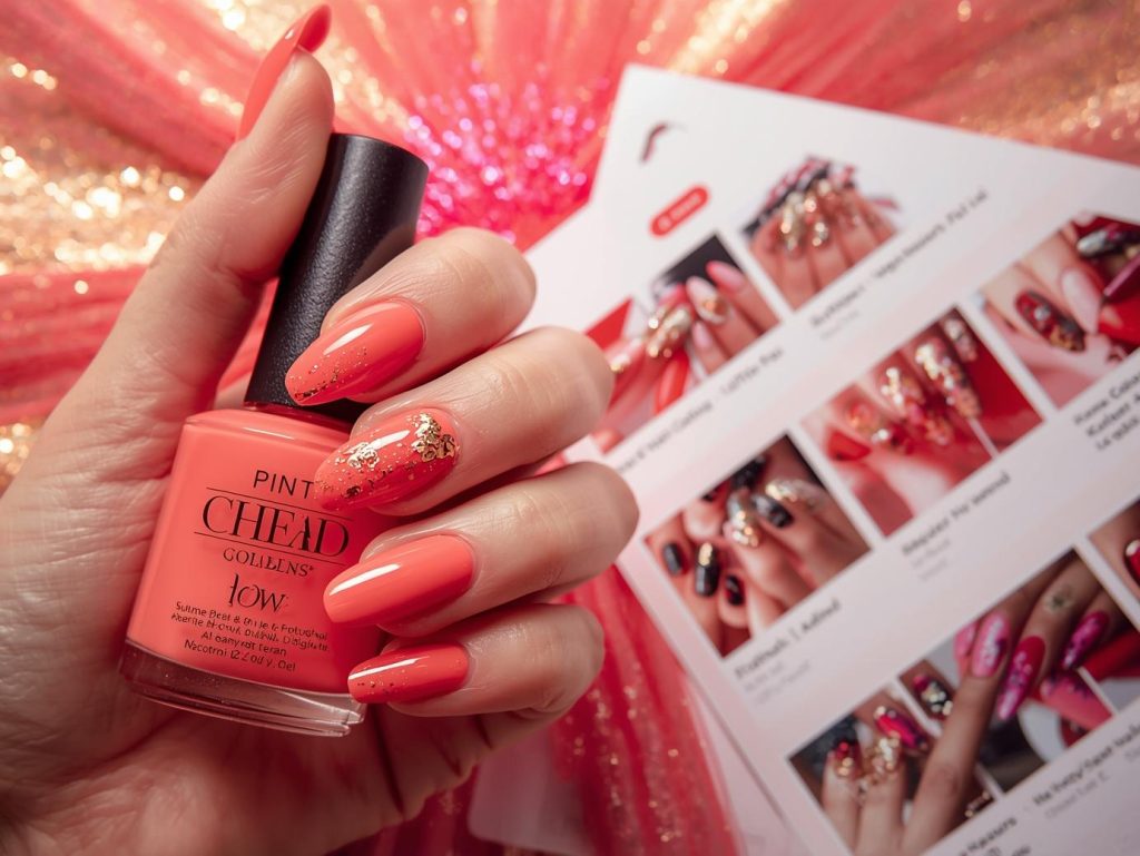 DIY Gel Nails: Stunning and Pinterest-Worthy Manicures to Adore 3 Glossy coral gold foil DIY gel nail design with coral base on a Pinterest board.