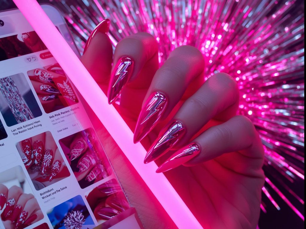 Hot Pink Nail Designs: Bold and Pinterest-Worthy Manicures to Obsess Over 3 Vibrant hot pink chrome lightning bolt nail design with hot pink base on a Pinterest board.