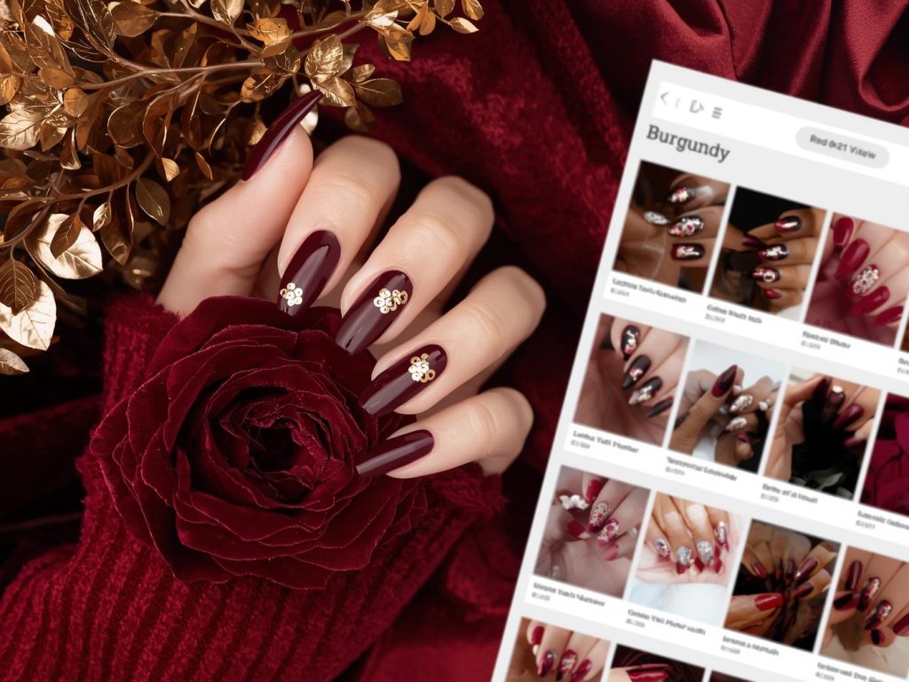  Deep burgundy gold foil floral nail design with burgundy base on a Pinterest board.
