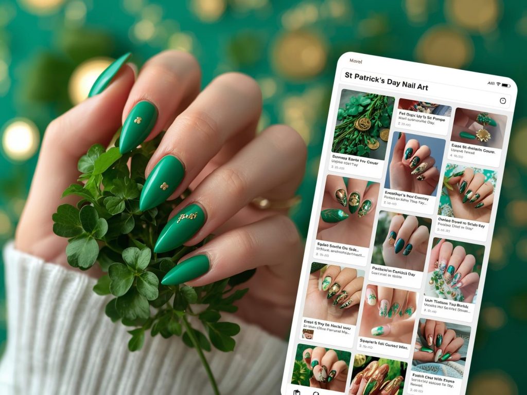 Emerald green gold shamrock nail design with emerald green base on a Pinterest board.