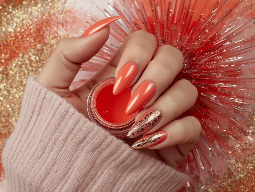 Glossy coral gold chrome DIY acrylic nail design with coral base on a Pinterest board.