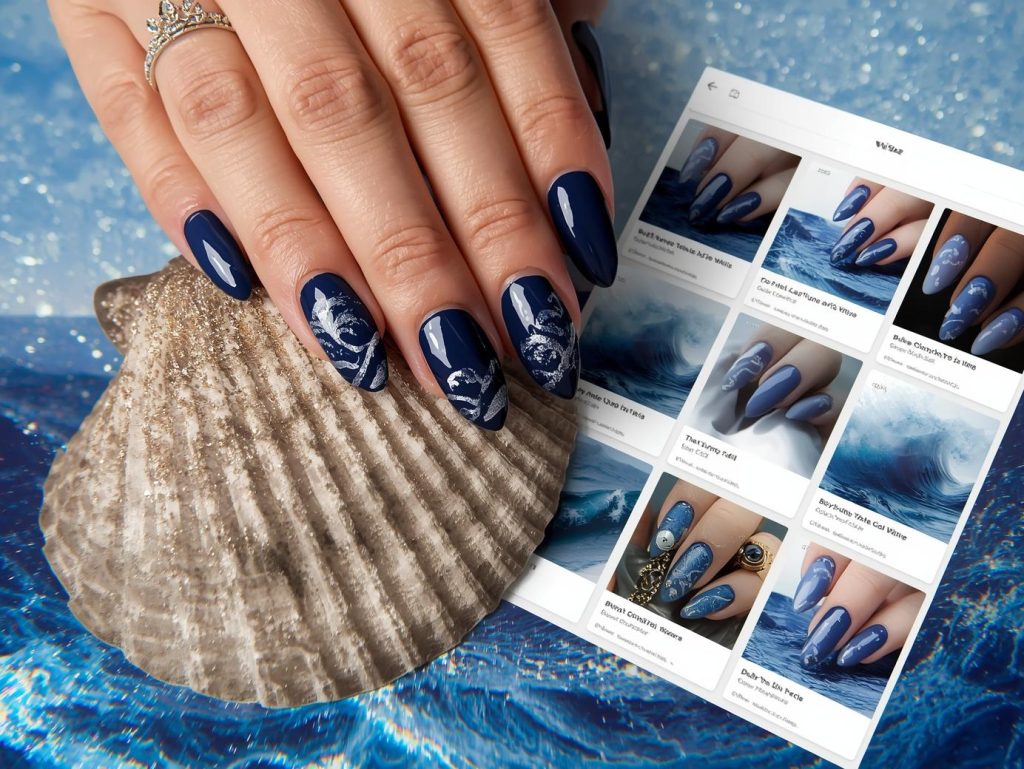 Rich navy blue silver foil wave nail design with navy blue base on a Pinterest board.