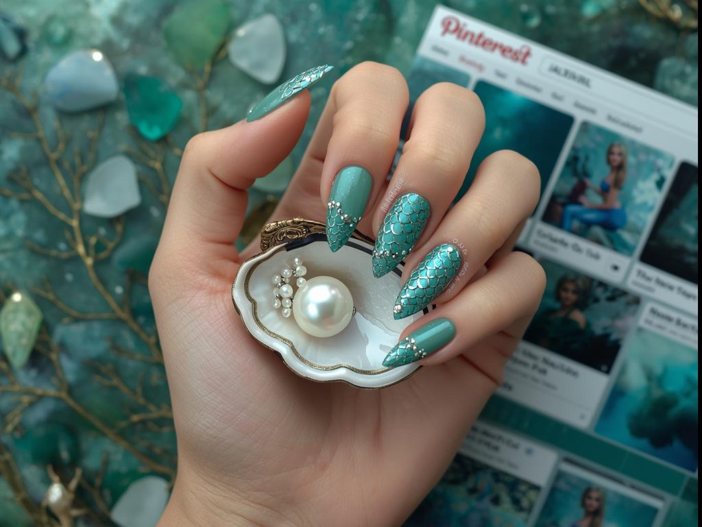 Mermaid Nail Designs: Enchanting and Pinterest-Worthy Manicures to Adore 3 Shimmering teal and aqua scale mermaid nail design with pearl accents on a Pinterest board.
