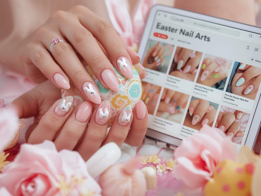Easter Nail Designs: Playful and Pinterest-Worthy Manicures to Adore 3 Soft pastel pink white bunny nail design with pastel pink base on a Pinterest board.