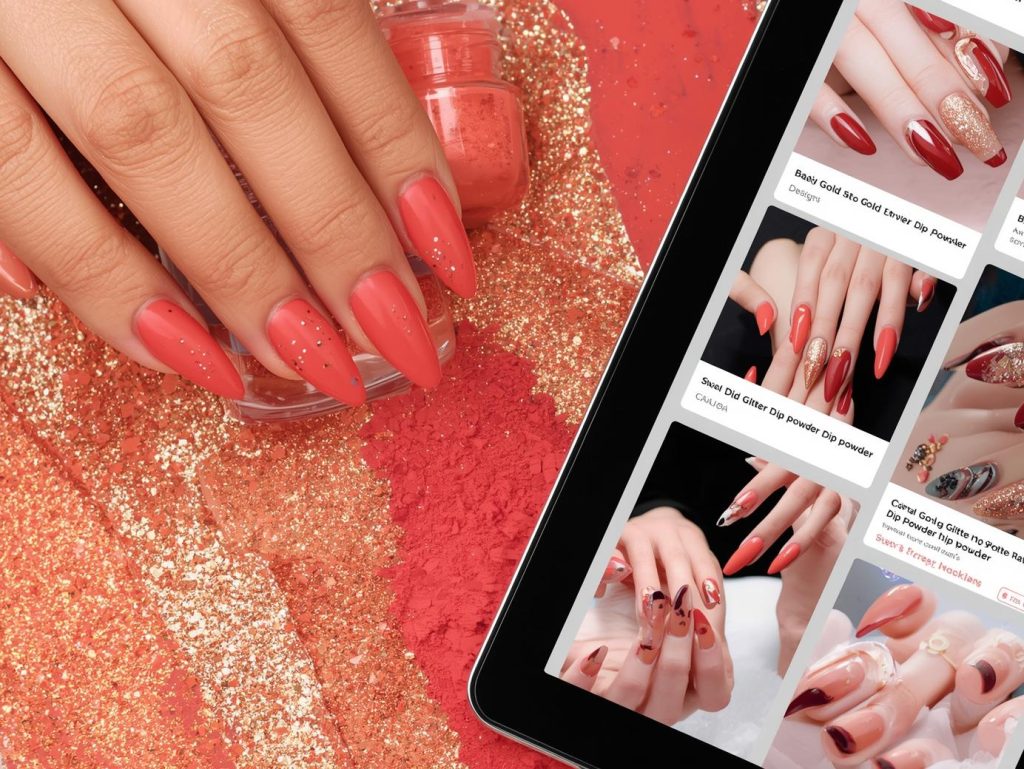 Glossy coral gold glitter dip powder nail design with coral base on a Pinterest board.