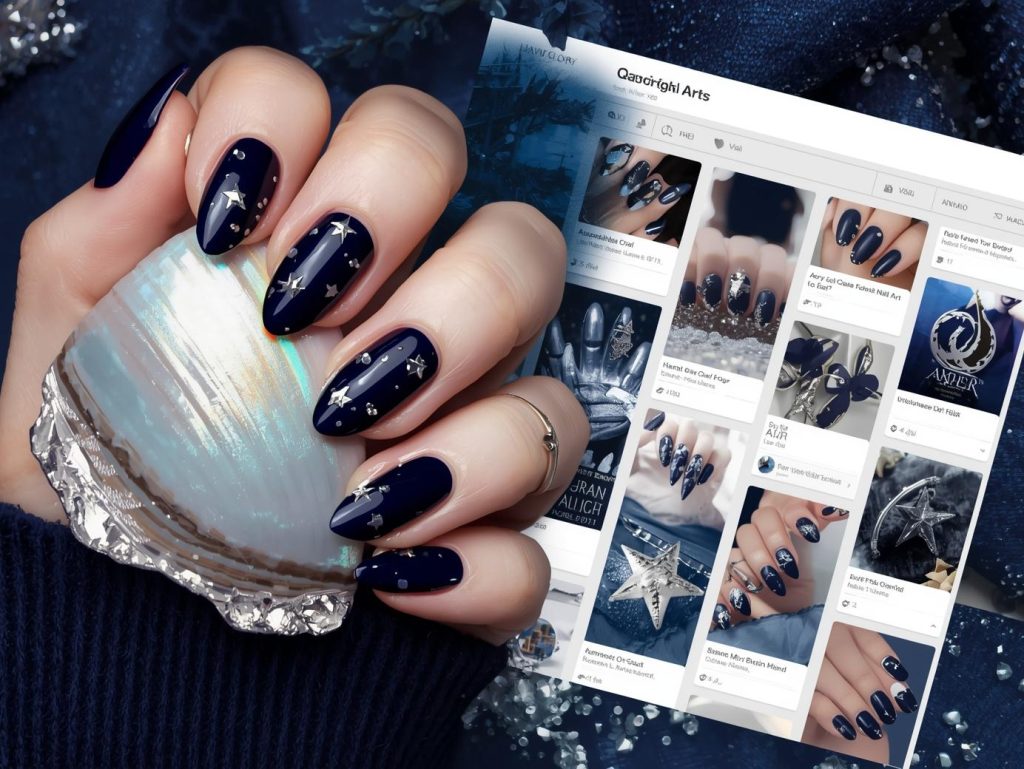 Navy Nail Designs: Bold and Pinterest-Worthy Manicures to Adore 3 Rich navy silver foil star nail design with navy base on a Pinterest board.