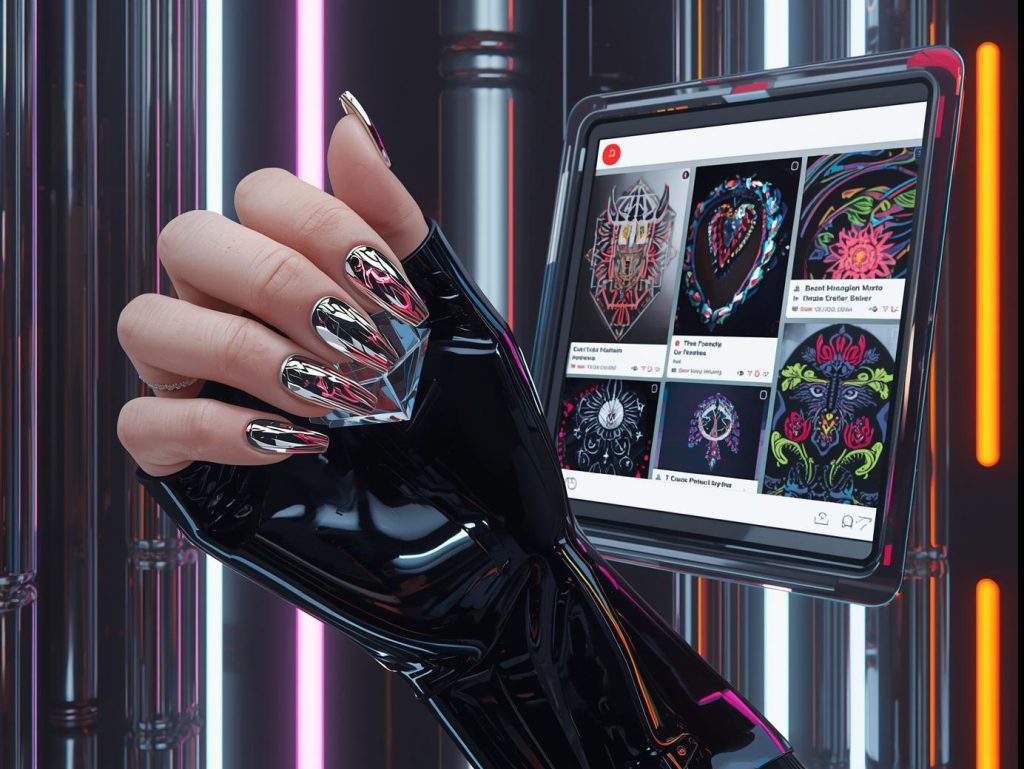 Chrome silver mirror nail design with bold black base on a Pinterest board.