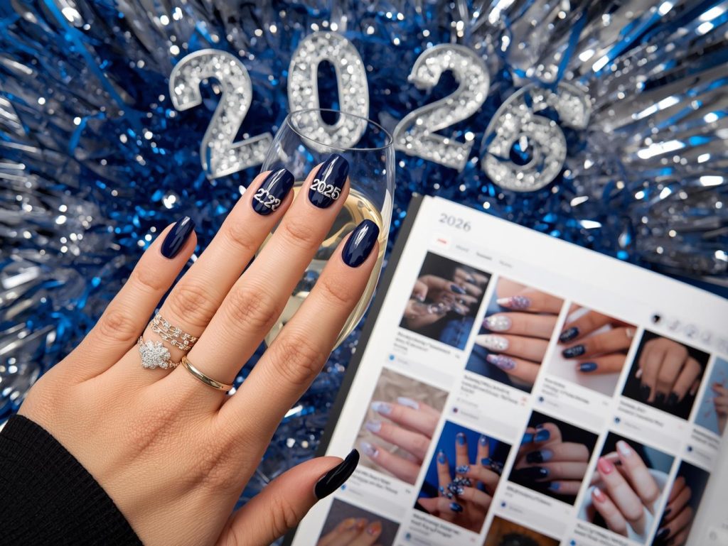 Midnight blue silver 2026 numeral nail design with midnight blue base on a Pinterest board.