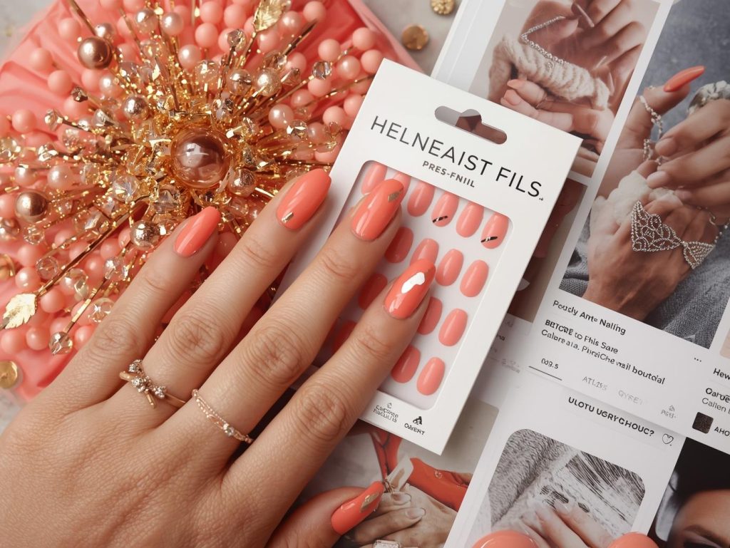 Glossy coral gold foil press on nail design with coral base on a Pinterest board.