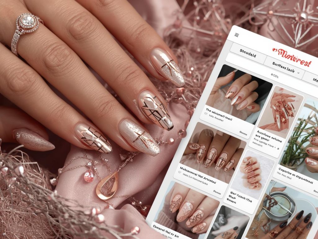 Shimmering rose gold silver foil geometric nail design with rose gold base on a Pinterest board.