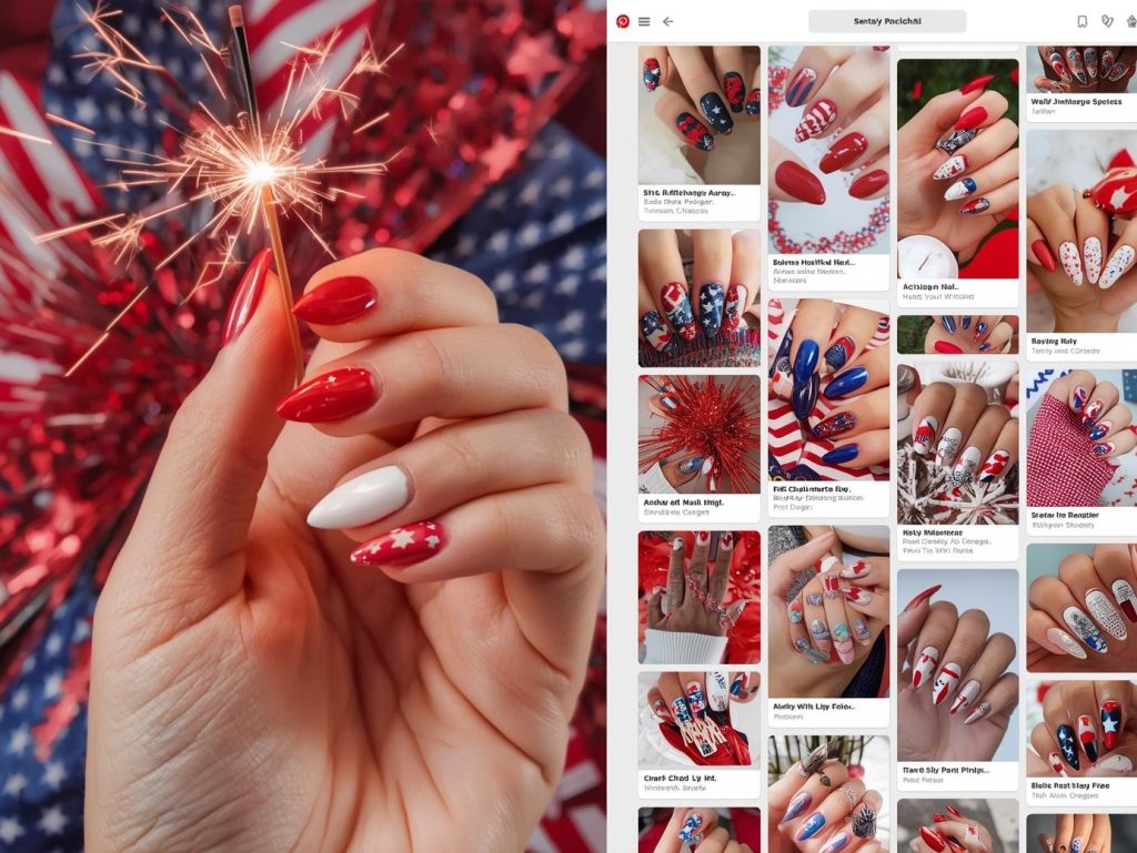 Bold red white star nail design with red base on a Pinterest board.
