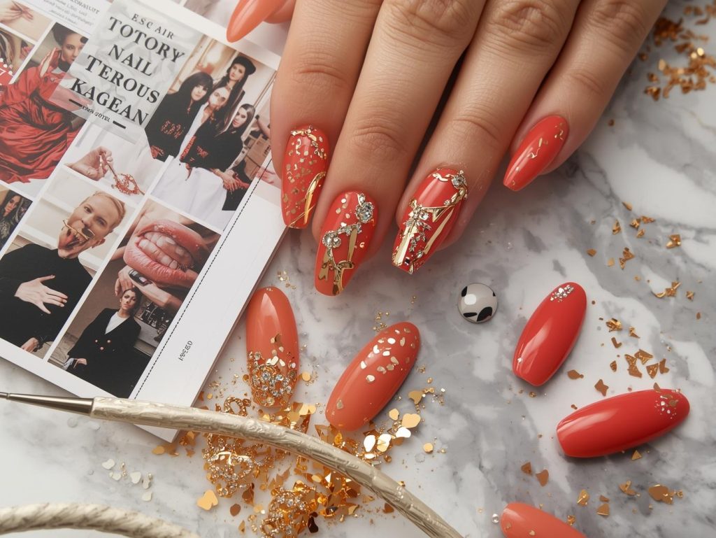 Nail Salon Inspiration: Stunning and Pinterest-Worthy Manicures to Adore 3 Glossy coral gold foil and gemstone nail salon design with coral base on a Pinterest board.