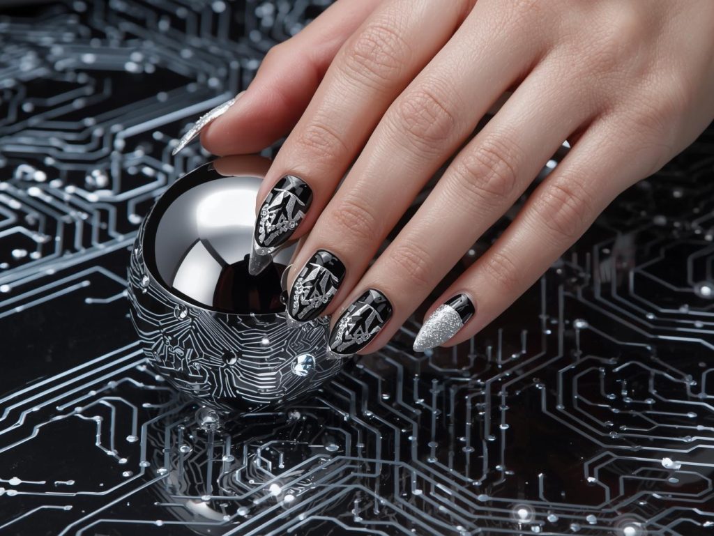 Metallic Silver Nail Designs: Sleek and Pinterest-Worthy Manicures to Adore 3 Shimmering silver black geometric foil nail design with silver base on a Pinterest board.