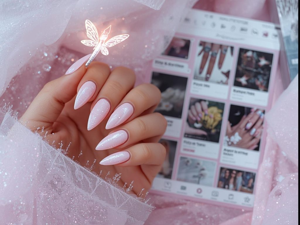 Ethereal pastel pink fairy dust nail design with iridescent shimmer on a Pinterest board.
