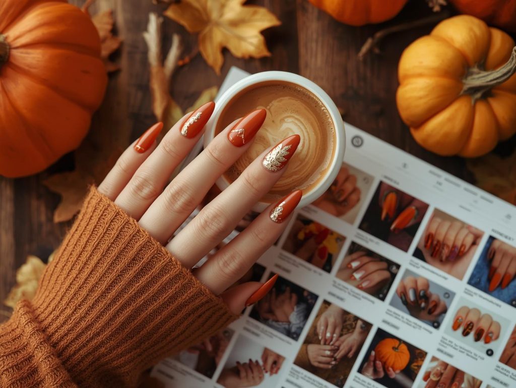 Fall Leaves Nail Art: Cozy and Pinterest-Worthy Manicures to Adore 3 Warm burnt orange gold foil leaf nail design with burnt orange base on a Pinterest board.