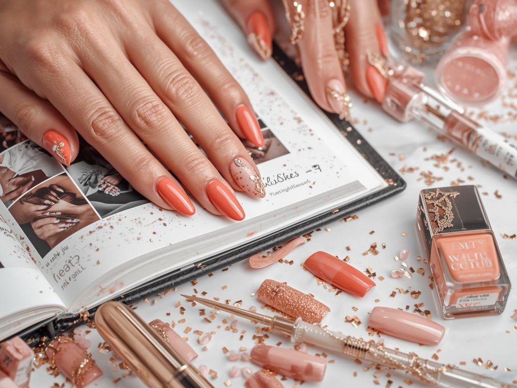 Glossy coral gold foil and gemstone nail design in a nail artist portfolio on a Pinterest board.
