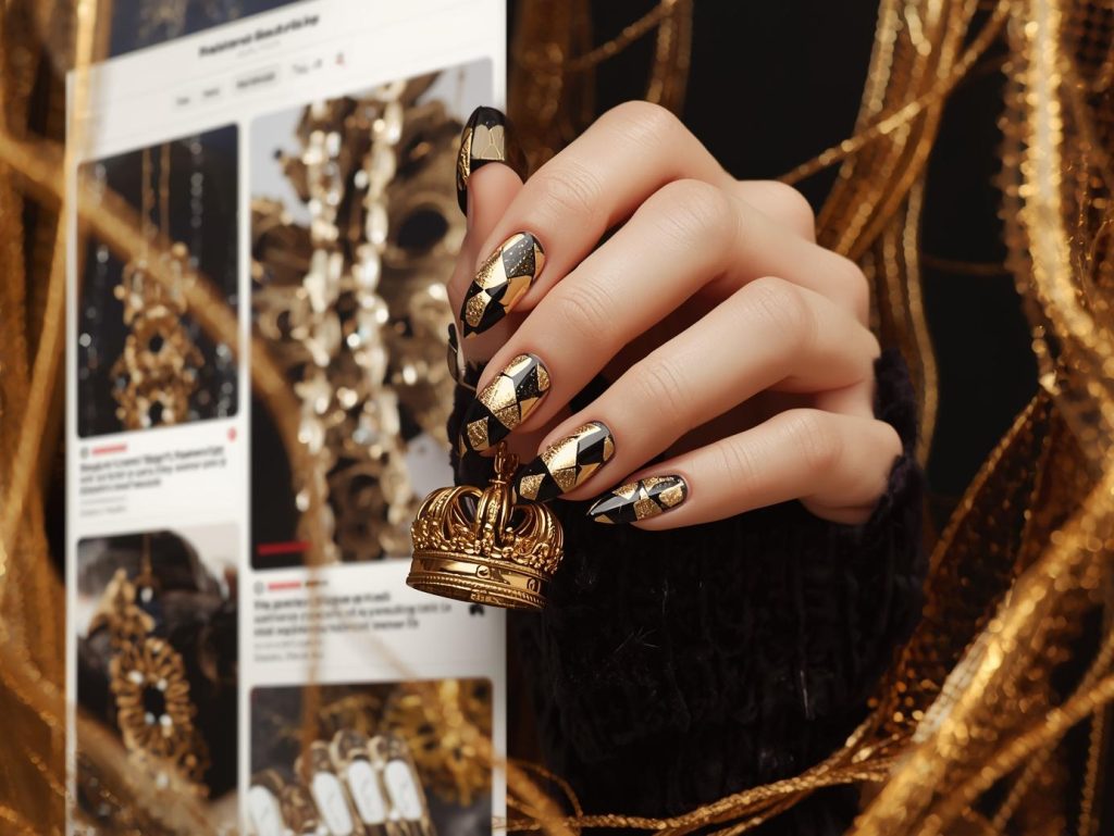Metallic Gold Nail Designs: Opulent and Pinterest-Worthy Manicures to Adore 3 Shimmering gold black foil geometric nail design with gold base on a Pinterest board.