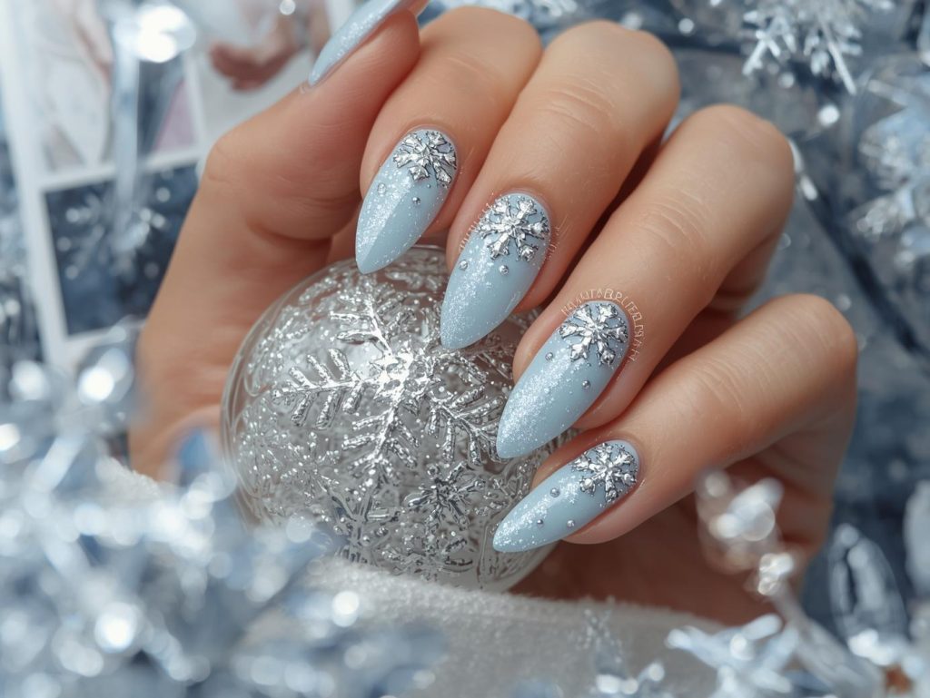 Snowflake Nail Designs: Wintry and Pinterest-Worthy Manicures to Adore 3 Icy blue silver snowflake nail design with icy blue base on a Pinterest board.