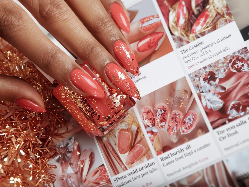  Glossy coral gold foil manicure with coral base on a Pinterest board.