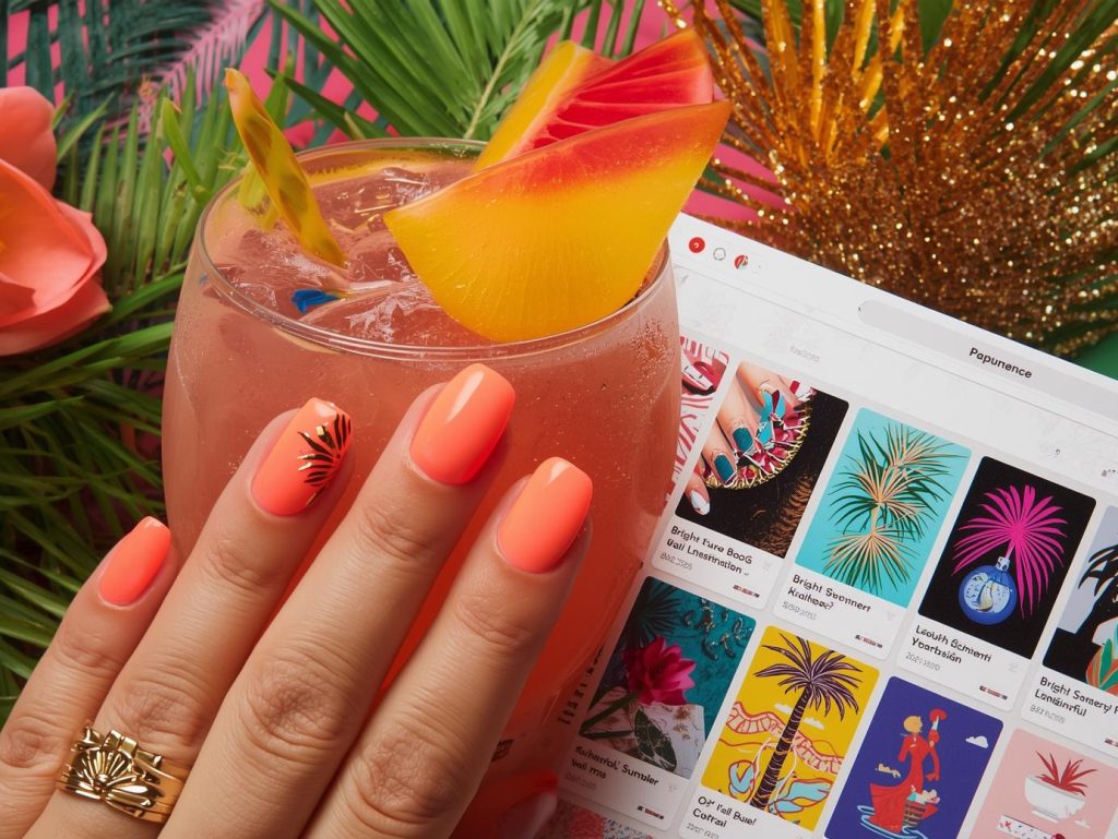  Neon coral gold foil palm leaf nail design with coral base on a Pinterest board.