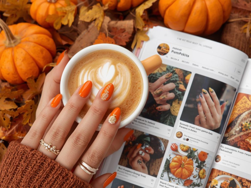 Warm orange gold glitter pumpkin nail design with orange base on a Pinterest board.