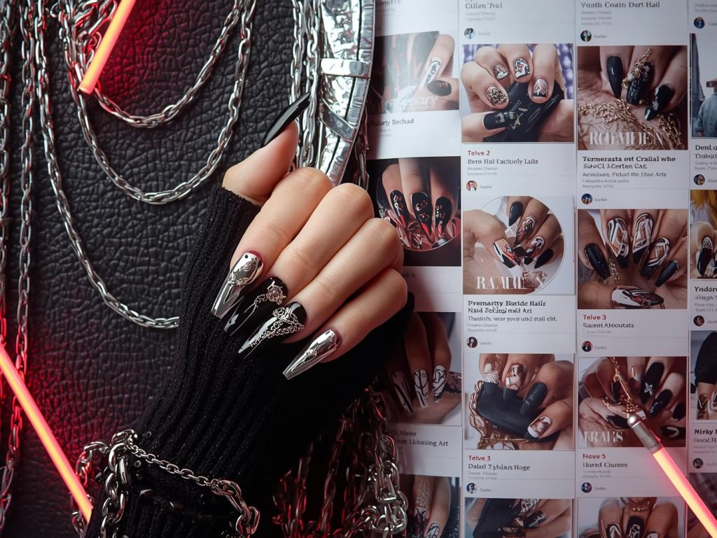 Jet black chrome silver chain nail design with black base on a Pinterest board.