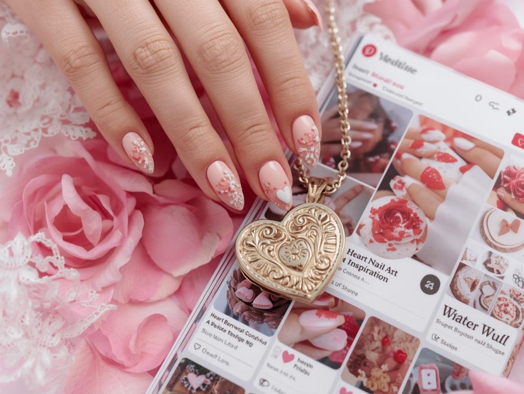 Heart Nail Designs: Romantic and Pinterest-Worthy Manicures to Adore 3 Design a dreamy scene of a hand with soft pink white heart nails (pink base with white heart accents on almond-shaped nails) holding a heart-shaped locket beside a Pinterest board of heart nail art. Frame it with a