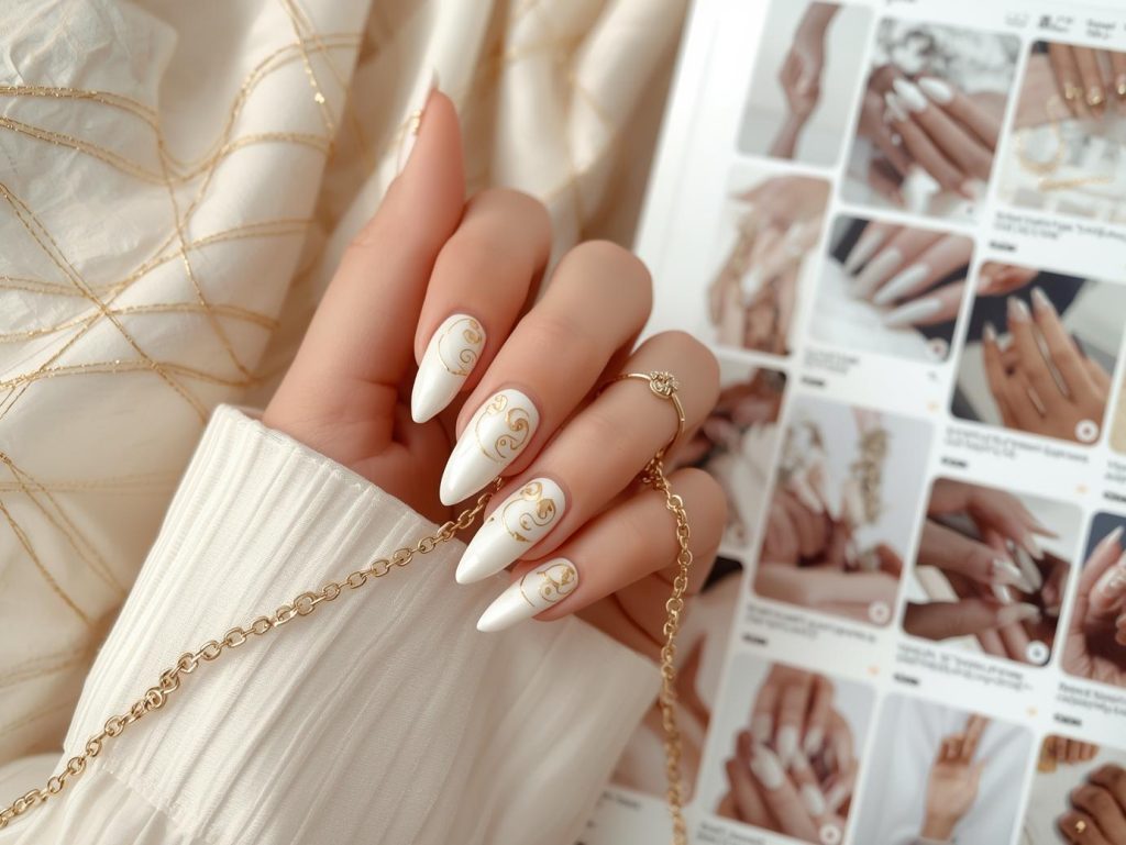  Soft ivory gold foil swirl nail design with ivory base on a Pinterest board.