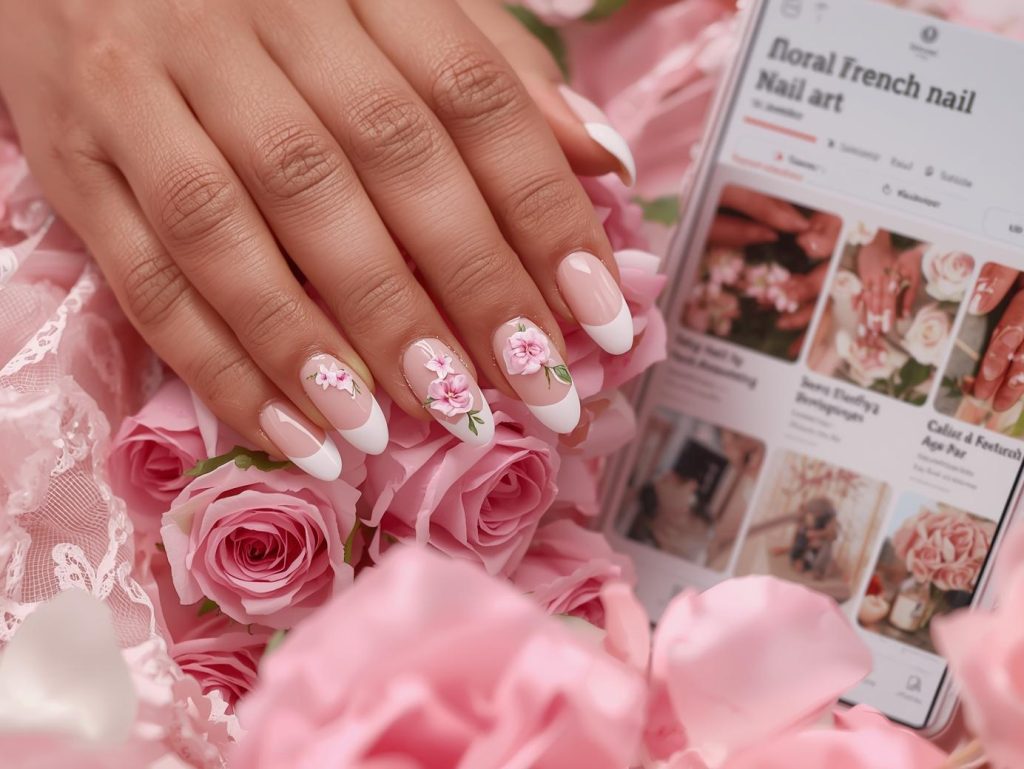 Classic white tips soft pink floral nail design with nude base on a Pinterest board.