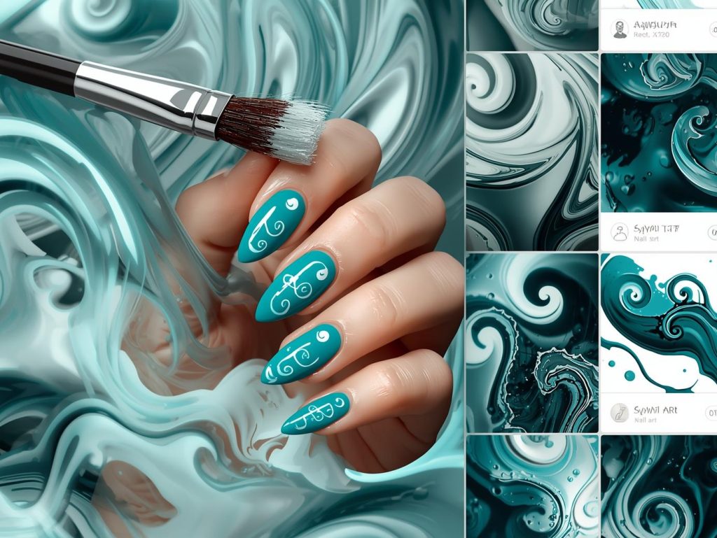 Vibrant teal white swirl nail design with teal base on a Pinterest board.