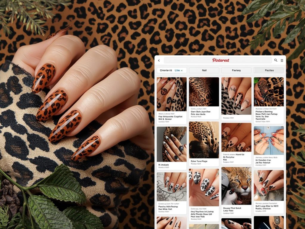 Rich brown black leopard nail design with brown base on a Pinterest board.