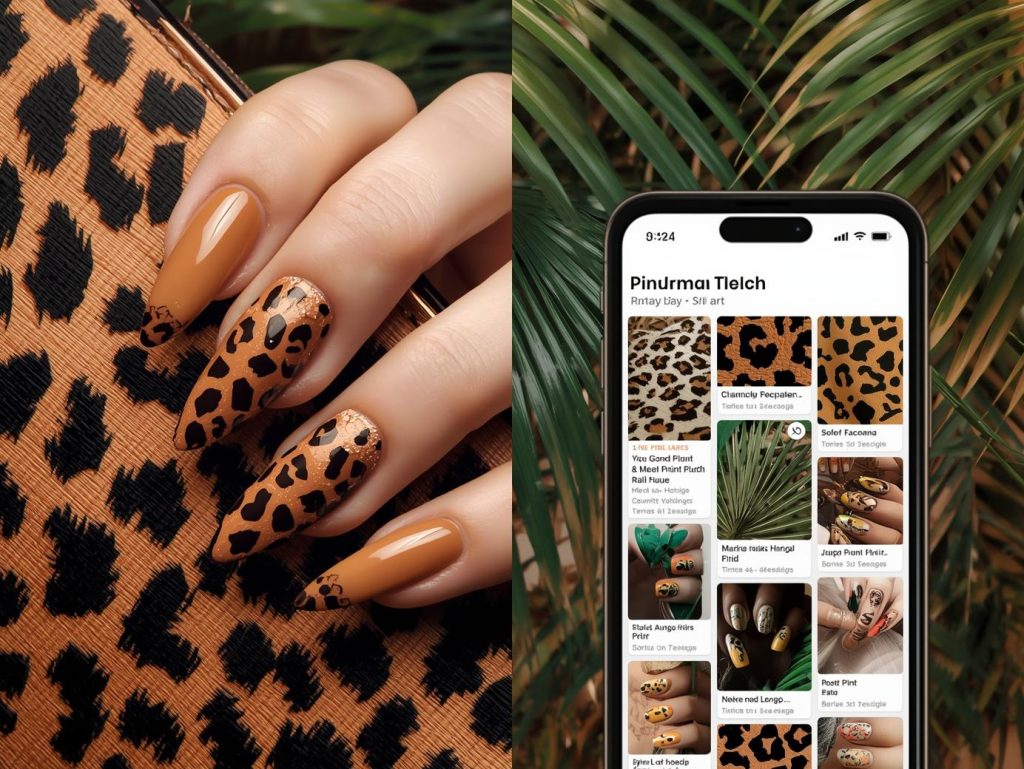 Rich caramel black and bronze leopard nail design with caramel base on a Pinterest board.