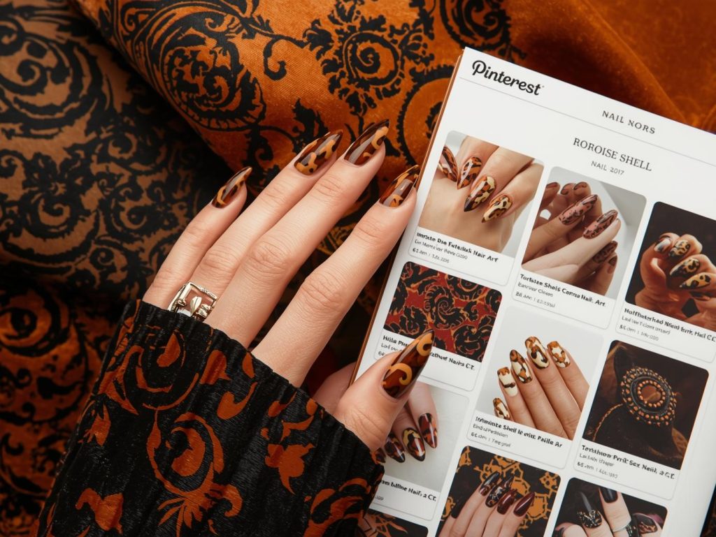 Rich amber black and caramel tortoise nail design with amber base on a Pinterest board.