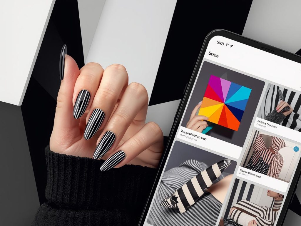 Glossy black white striped nail design with black base on a Pinterest board.
