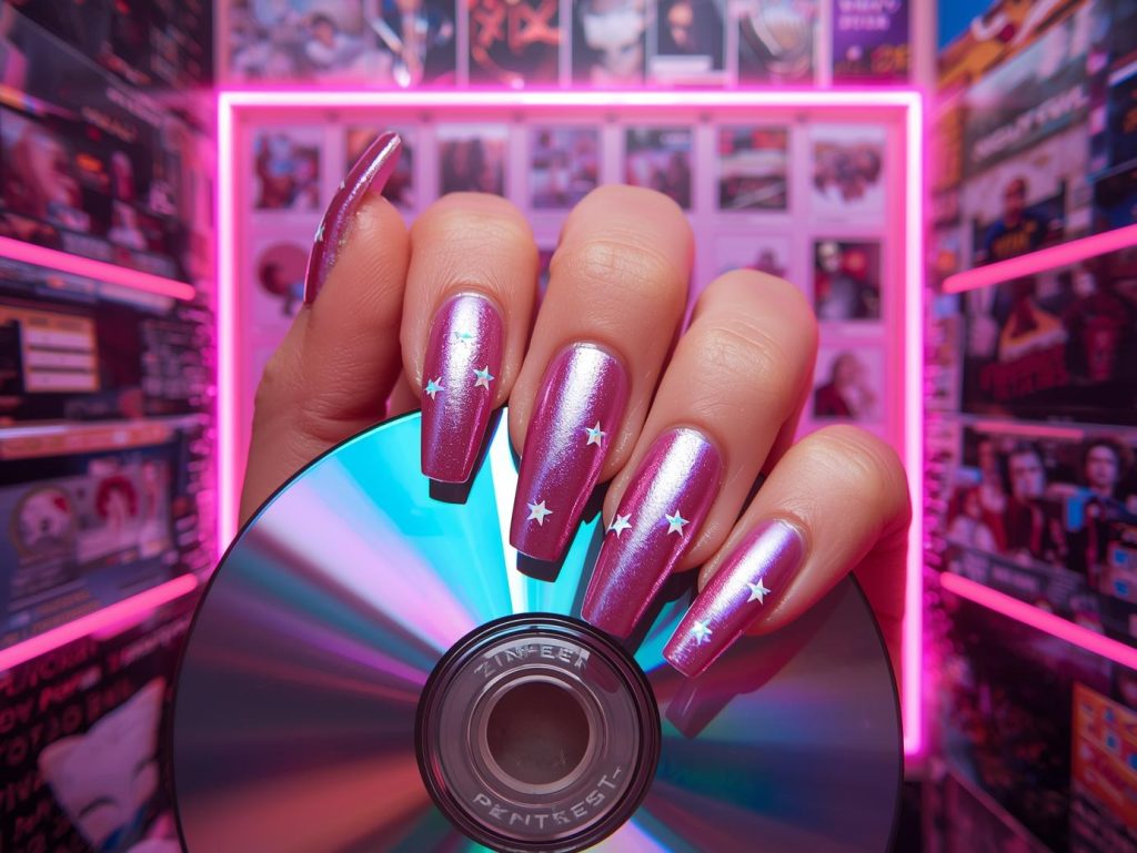 Metallic pink holographic star sticker nail design with pink base on a Pinterest board.