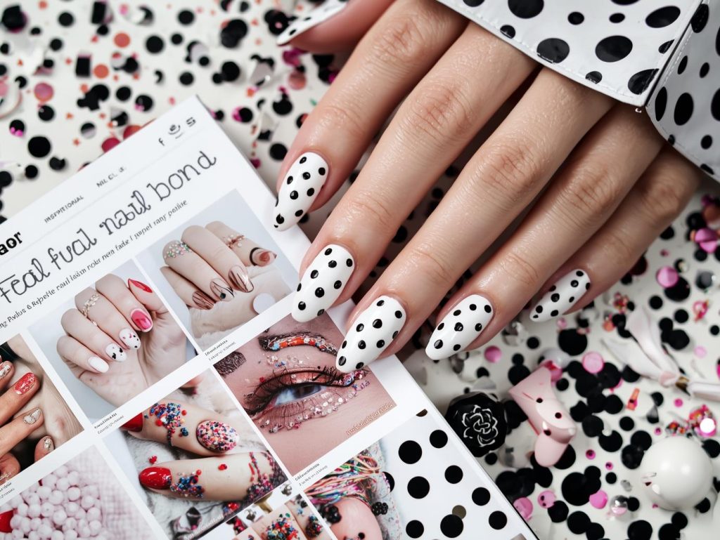 Glossy white black polka dot nail design with white base on a Pinterest board.