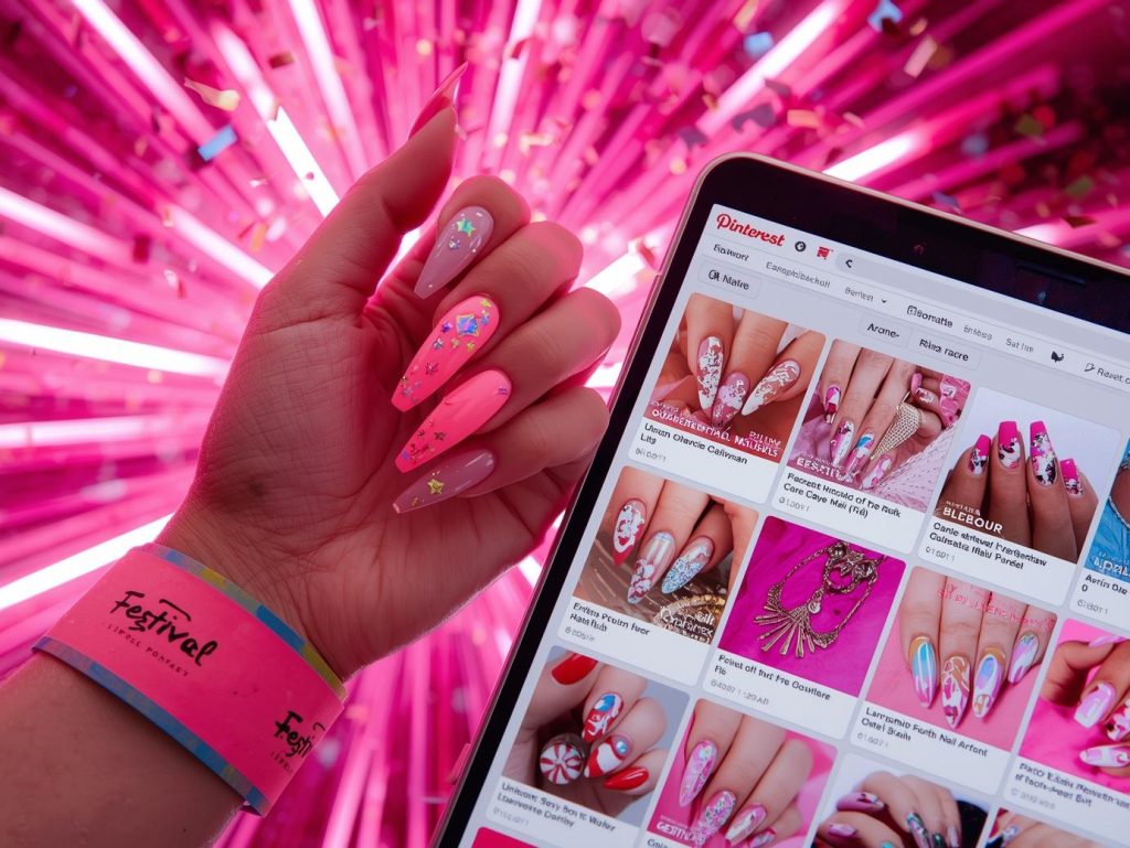 Festival Nail Designs: Vibrant and Pinterest-Worthy Manicures to Adore 3 Neon pink holographic festival star nail design with neon pink base on a Pinterest board.